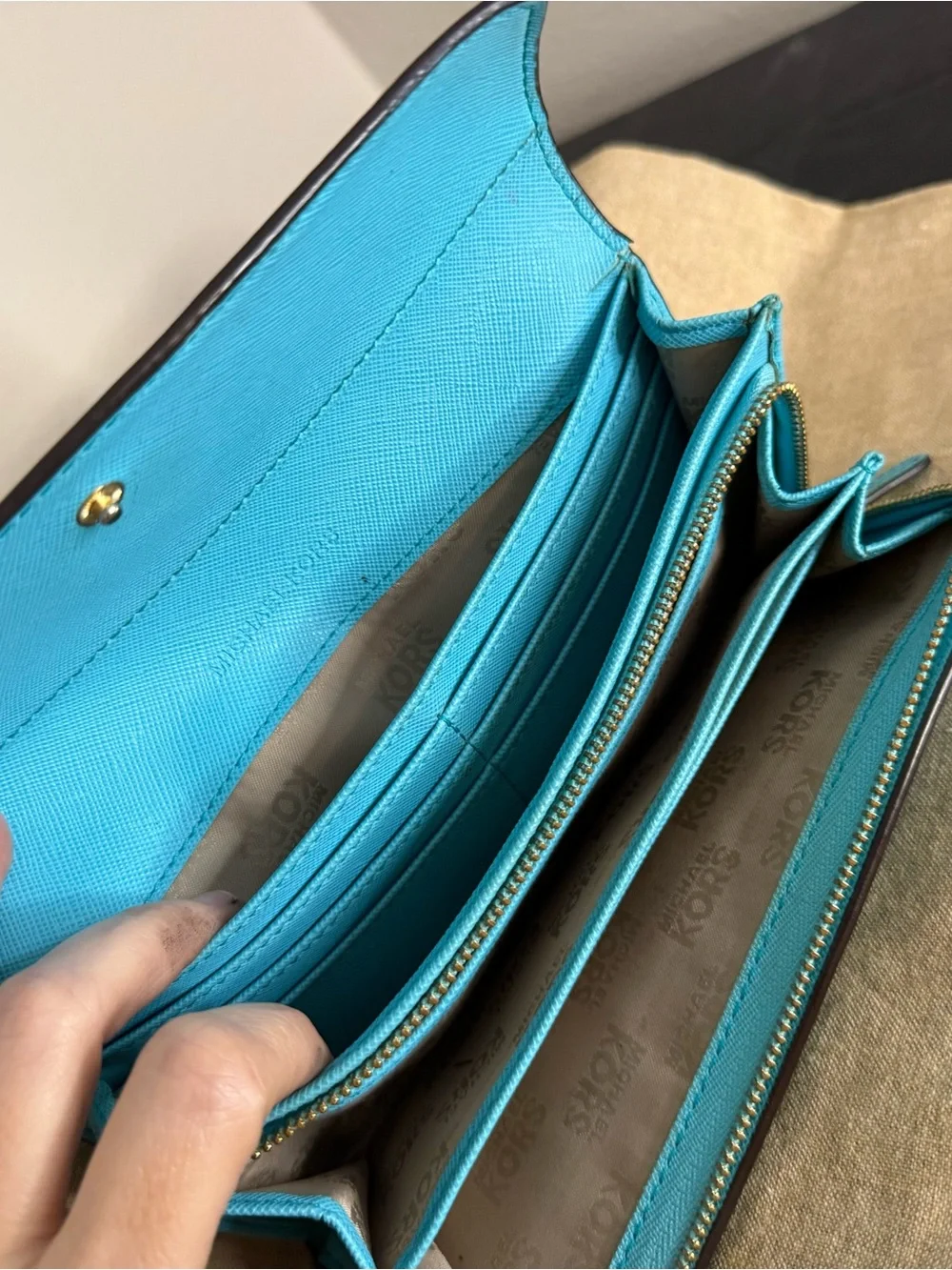 Michael Kors Turquoise Pebbled Leather Flap Wallet with Gold MK Emblem Limited